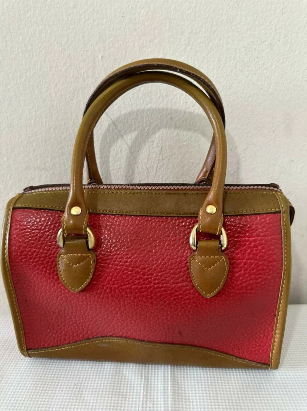 Vintage Dooney & Bourke AWL Red & British Tan Mini Boston Satchel Bag